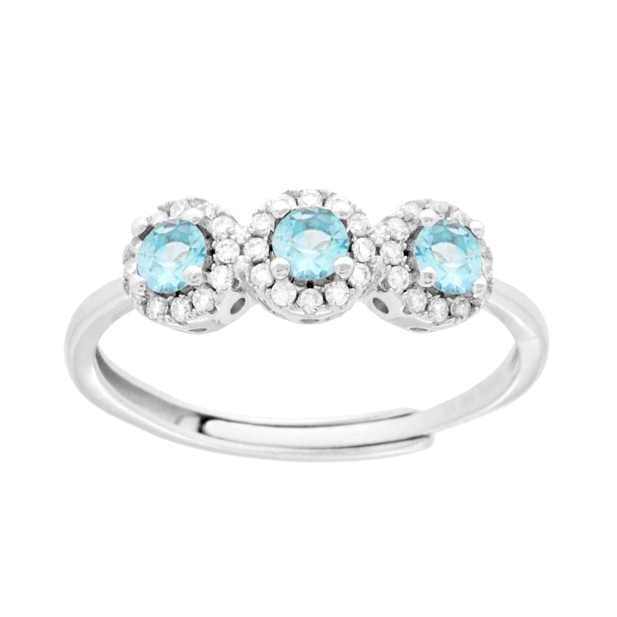 Anello Trilogy con Cubic Zirconia Acquamarina in ARGENTO 925 Galvanica Rodio
