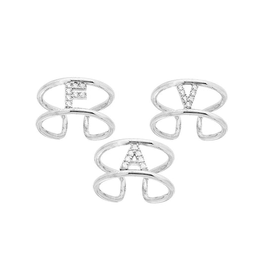 Anello Fascione a doppia gambo con Lettera Iniziale con Zirconi Bianchi in ARGENTO 925 Galvanica Rodio