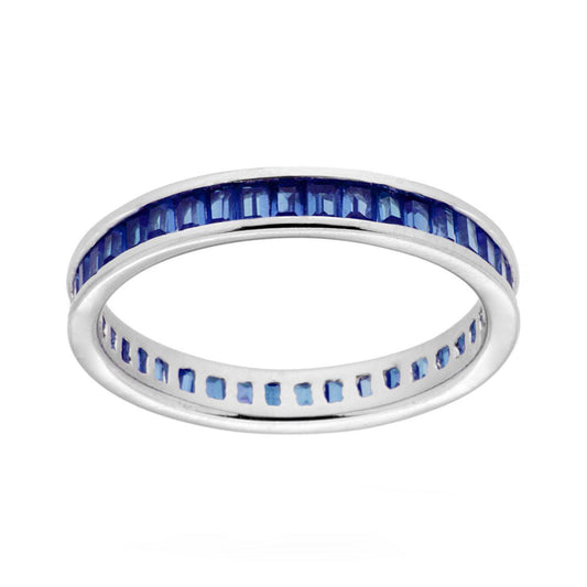 Anello Eternity Veretta con Cubic Zirconia Zaffiro taglio Baguette in ARGENTO 925 Galvanica Rodio