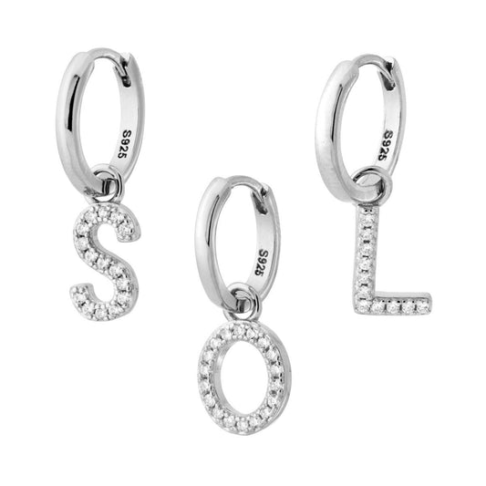 Orecchino Cerchio con Lettera e Zirconi Bianchi in ARGENTO 925 Galvanica Rodio