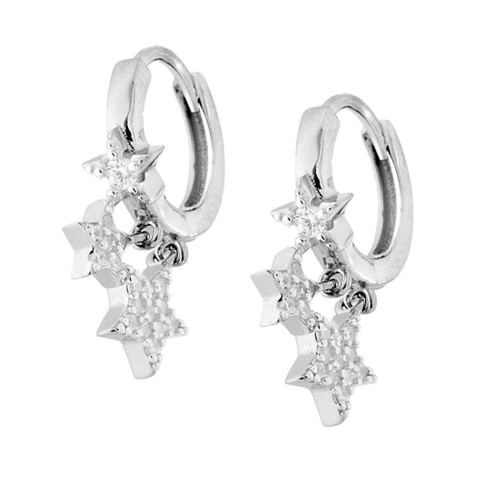 Orecchini Cerchio mm 13 con Stelle pendenti e Zirconi Bianchi in ARGENTO 925 Galvanica Rodio