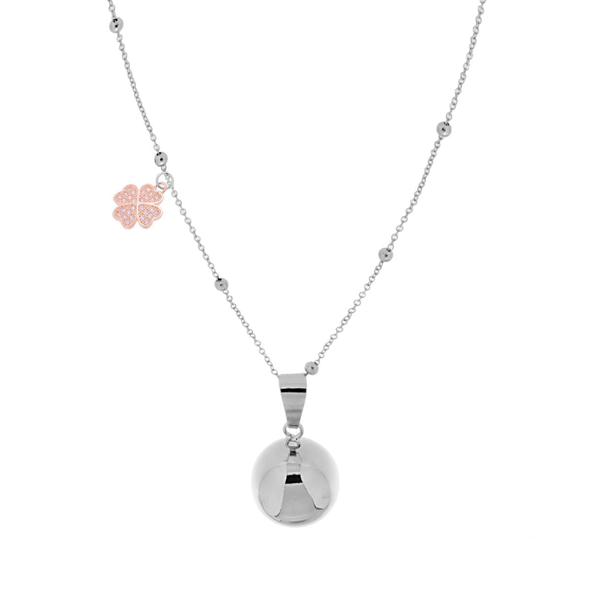 Collana Catena Forzatina Diamantata con Palline cm 90 con Chiama Angeli e Quadrifoglio Charms Strass in ACCIAIO e BRONZO
