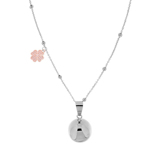 Collana Catena Forzatina Diamantata con Palline cm 90 con Chiama Angeli e Quadrifoglio Charms Strass in ACCIAIO e BRONZO