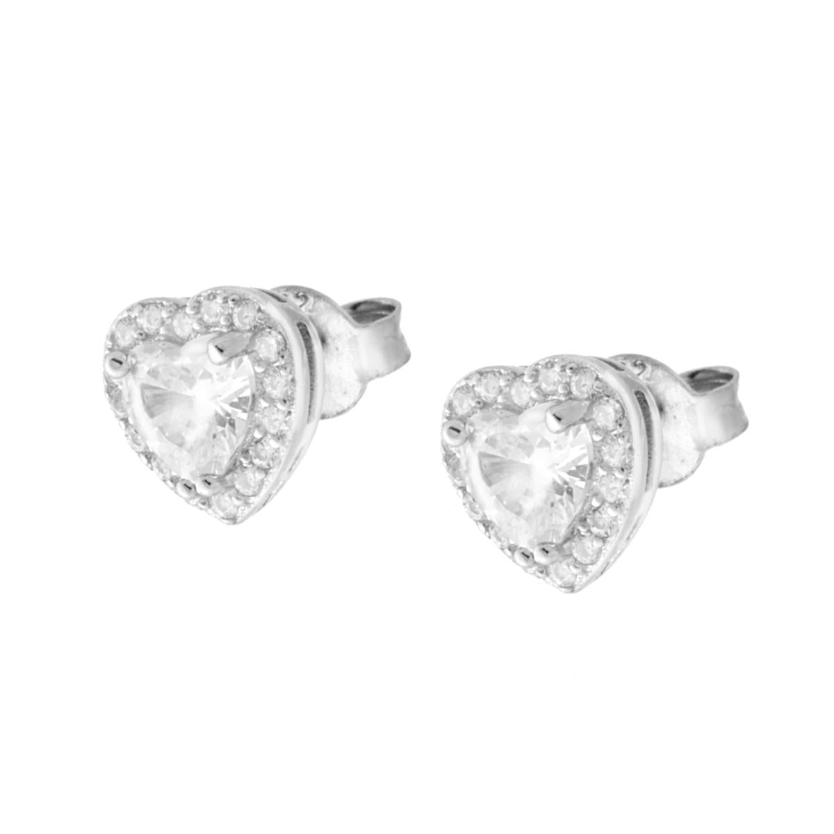 Orecchini Cuore con Zircone Bianco contornato da Zirconi Bianchi in ARGENTO 925 Galvanica Rodio