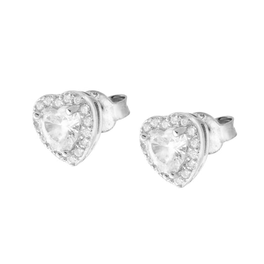 Orecchini Cuore con Zircone Bianco contornato da Zirconi Bianchi in ARGENTO 925 Galvanica Rodio
