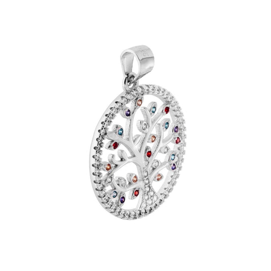 Ciondolo Albero della Vita con Cubic Zirconia Bianchi e Multicolor in ARGENTO 925 Galvanica Rodio<BR><BR>