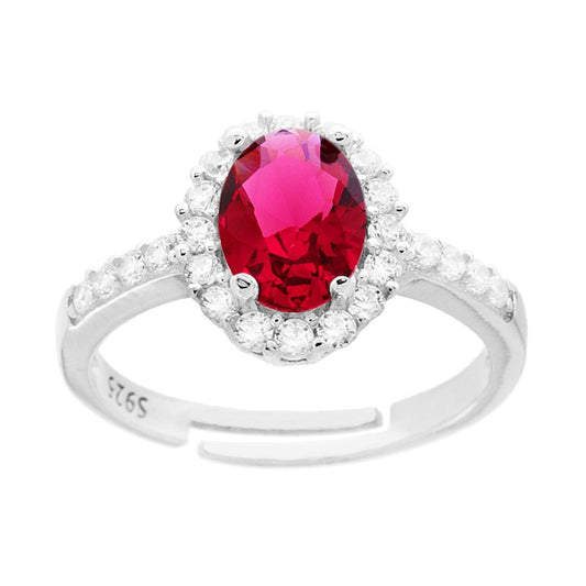 Anello Halo Solitario con Zircone ovale Rosso Rubino contornato con Zirconi Bianchi in ARGENTO 925 Galvanica Rodio