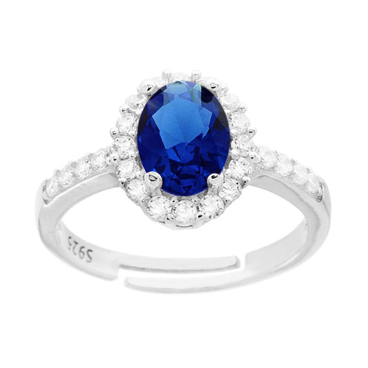 Anello Halo Solitario con Zircone ovale Blu Zaffiro contornato con Zirconi Bianchi in ARGENTO 925 Galvanica Rodio