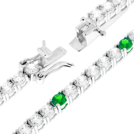 Bracciale Tennis Griffe cm 18 con Zirconi mm 3 Bianchi e Verde Smeraldo alternati in ARGENTO 925 Galvanica Rodio