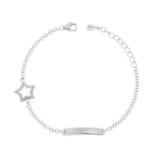 Bracciale Bimbo Bimba Catena Rolo con Targa plain e Stella con Zirconi Bianchi in ARGENTO 925 Galvanica Rodio