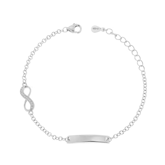 Bracciale Bimbo Bimba Catena Rolo con Targa plain e Infinito con Zirconi Bianchi in ARGENTO 925 Galvanica Rodio