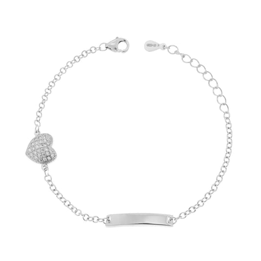 Bracciale Bimbo Bimba Catena Rolo con Targa plain e Cuore con Zirconi Bianchi in ARGENTO 925 Galvanica Rodio