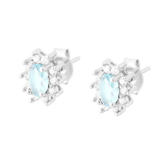 Orecchini con Zircone Ovale Acquamarina contornato con Zirconi Bianchi in ARGENTO 925 Galvanica Rodio