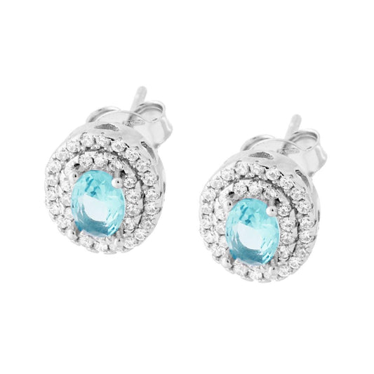 Orecchini con Zircone Ovale Acquamarina e Cuori laterali contornato con Zirconi Bianchi in ARGENTO 925 Galvanica Rodio
