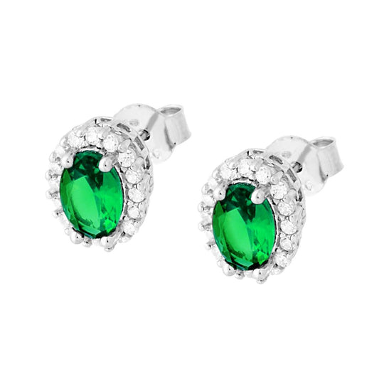Orecchini forma Ovale con Zircone Verde Smeraldo contornato con Zirconi Bianchi in ARGENTO 925 Galvanica Rodio