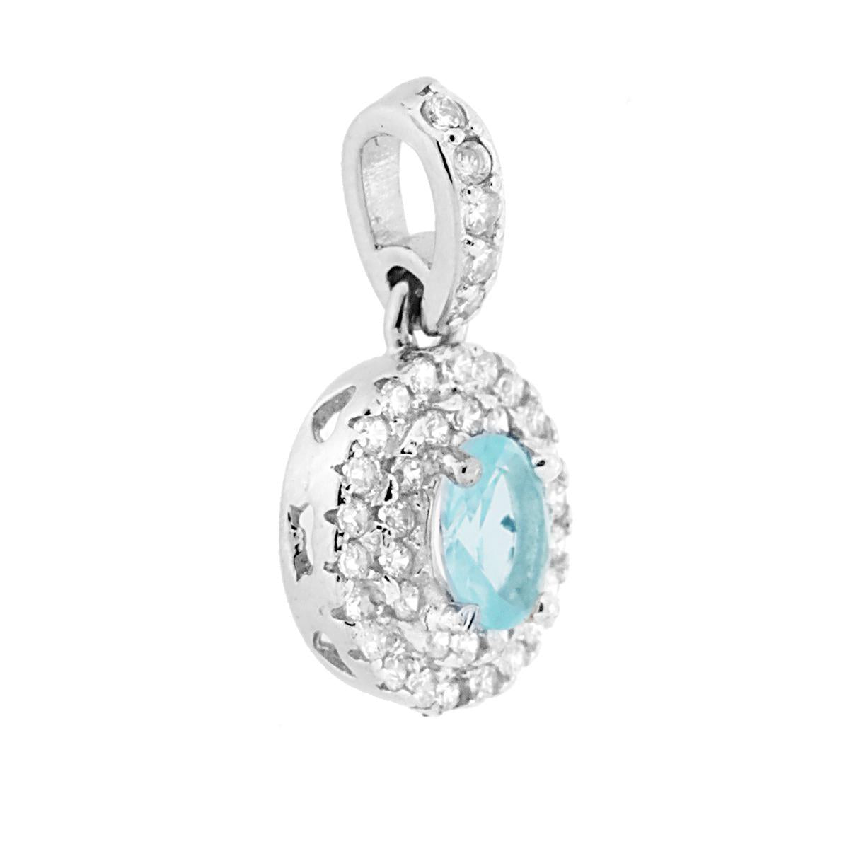 Ciondolo con Zircone Ovale Acquamarina contornato da Zirconi Bianchi in ARGENTO 925 Galvanica Rodio