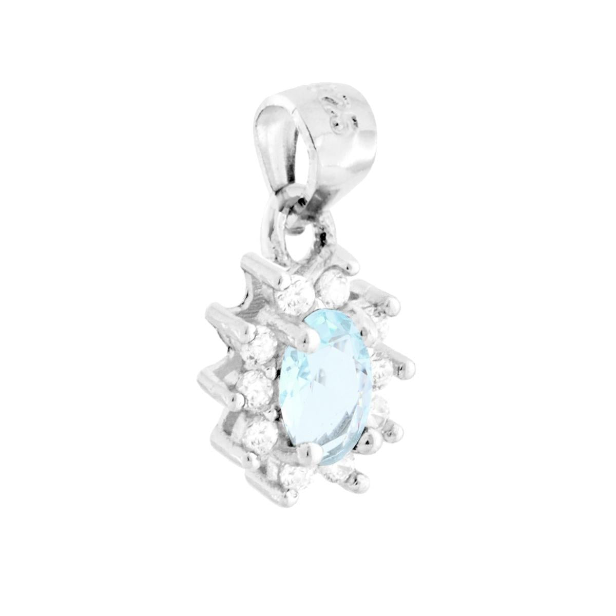 Ciondolo Zircone Ovale Acquamarina contornato da Zirconi Bianchi in ARGENTO 925 Galvanica Rodio