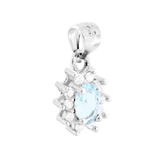 Ciondolo Zircone Ovale Acquamarina contornato da Zirconi Bianchi in ARGENTO 925 Galvanica Rodio