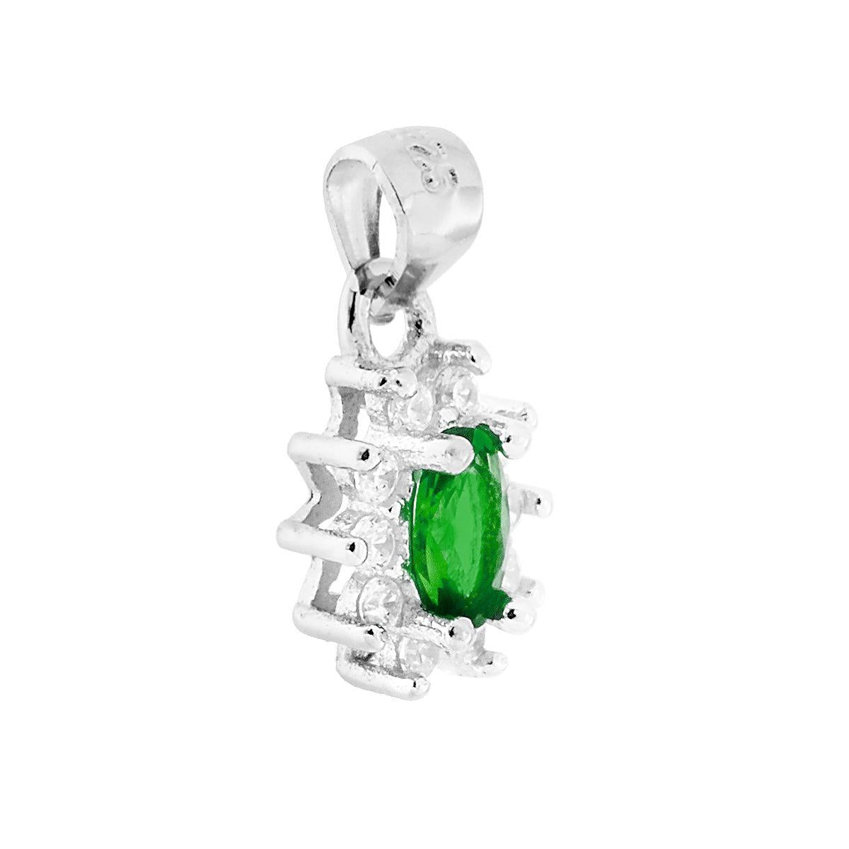 Ciondolo con Zircone Ovale Verde Smeraldo contornato da Zirconi Bianchi in ARGENTO 925 Galvanica Rodio
