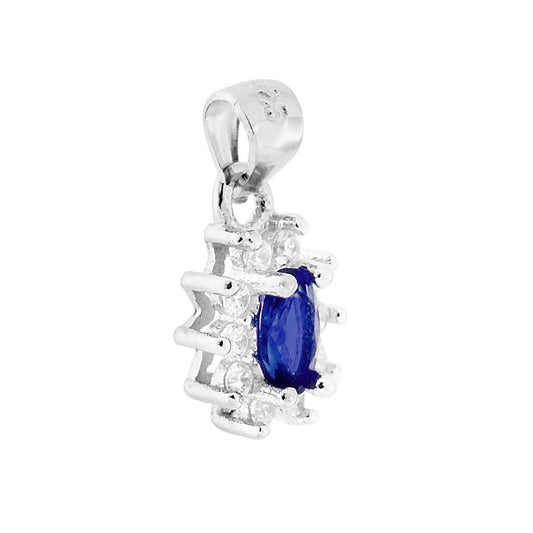 Ciondolo con Zircone Ovale Blu Zaffiro contornato da Zirconi Bianchi in ARGENTO 925 Galvanica Rodio