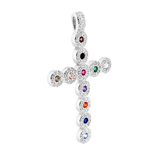 Ciondolo Croce Latina con Zirconi Multicolor e Bianchi in ARGENTO 925 Galvanica Rodio