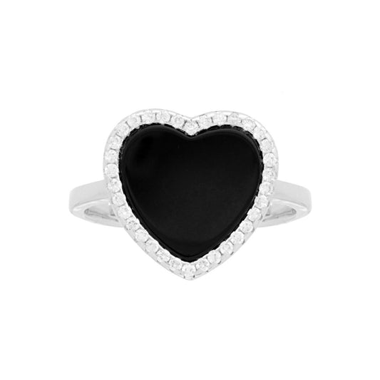 Anello Amore con Cuore Onice Nero contornato da Cubic Zirconia Bianchi in ARGENTO 925 Galvanica Rodio