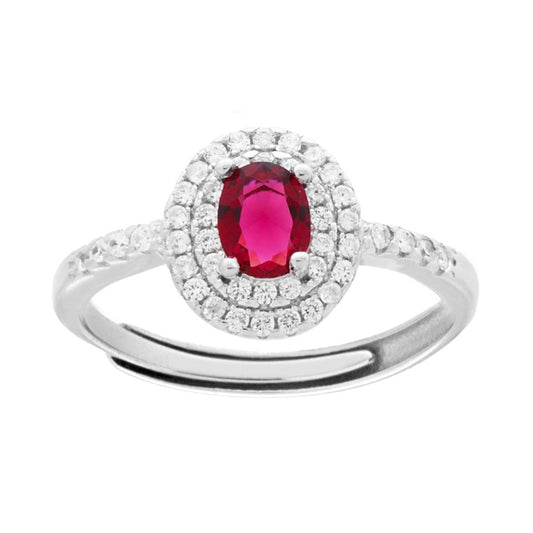 Anello Halo Solitario con Zircone ovale Rosso Rubino contornato da Zirconi Bianchi in ARGENTO 925 Galvanica Rodio