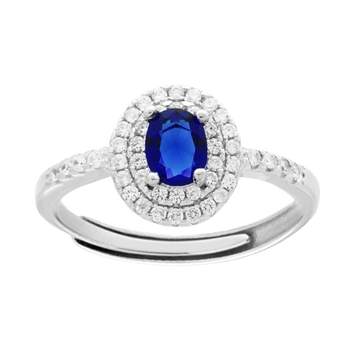 Anello Halo Solitario con Zircone Ovale Blu Zaffiro contornato da Zirconi Bianchi in ARGENTO 925 Galvanica Rodio