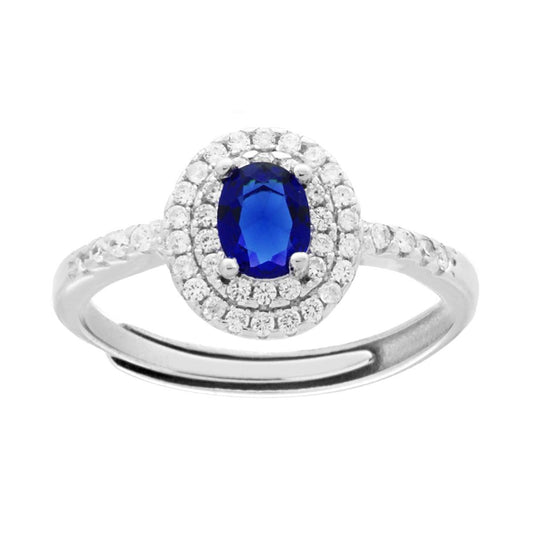 Anello Halo Solitario con Zircone Ovale Blu Zaffiro contornato da Zirconi Bianchi in ARGENTO 925 Galvanica Rodio