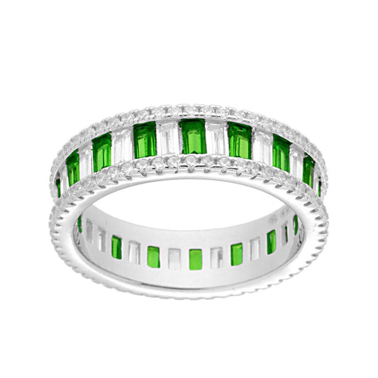 Anello Eternity con Cubic Zirconia taglio Baguette alternati Bianchi e Verde Smeraldo in ARGENTO 925 Galvanica Rodio