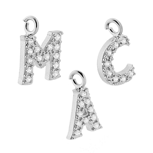 Ciondolo Lettera Iniziale Nome 13 mm con Zirconi Bianchi in ARGENTO 925 Galvanica Rodio