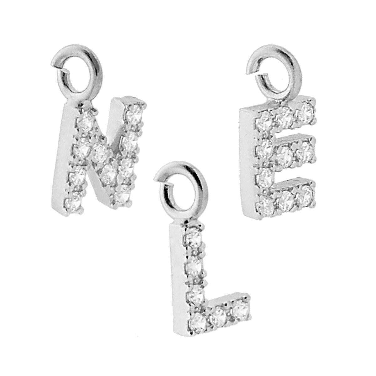 Ciondolo Lettera Iniziale Nome 11 mm con Zirconi Bianchi in ARGENTO 925 Galvanica Rodio