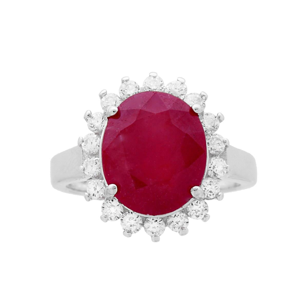 Anello Halo Solitario Pietra Naturale Ovale Rosso Rubino contornato con Zirconi Bianchi in ARGENTO 925 Galvanica Rodio