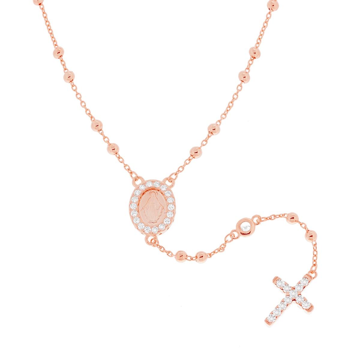 Collana Rosario modello classico cm 52+4 con Grani a pallina liscia mm 2.6 e Zirconi Bianchi in ARGENTO 925 Galvanica Rosa