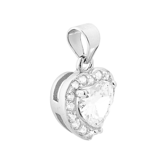 Ciondolo a forma di Cuore con Zircone Bianco contornato da Zirconi Bianchi in ARGENTO 925 Galvanica Rodio