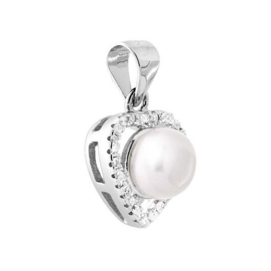 Ciondolo Cuore con Perla di fiume e Zirconi Bianchi in ARGENTO 925 Galvanica Rodio