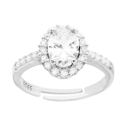 Anello Halo Solitario con Zircone Ovale Bianco contornato da Zirconi Bianchi in ARGENTO 925 Galvanica Rodio