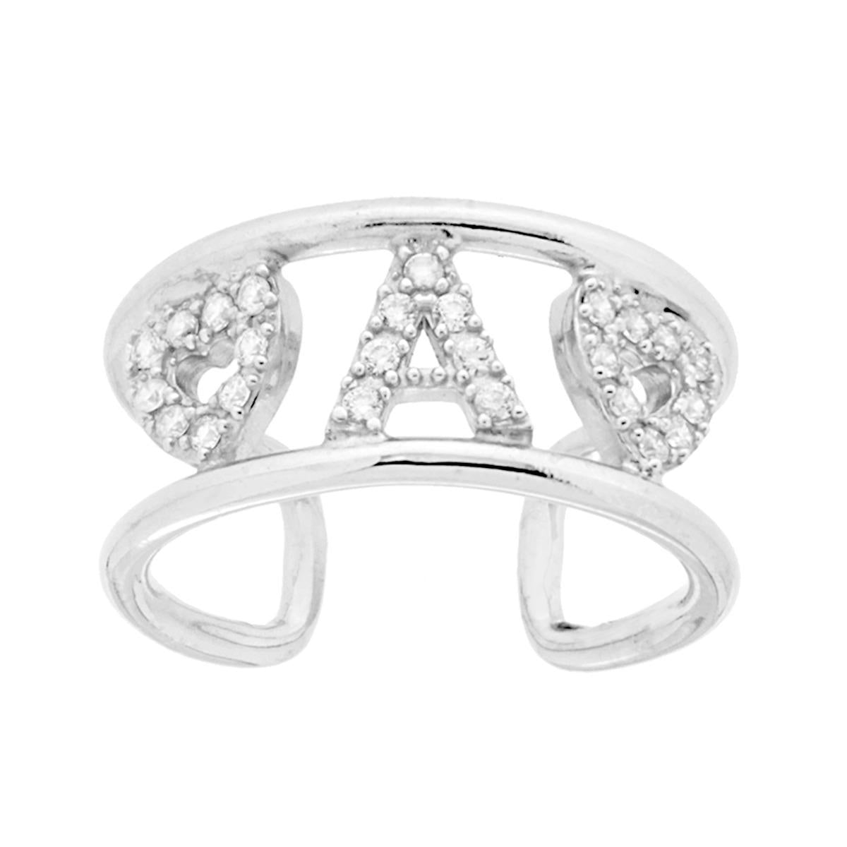 Anello Fascione a Doppio Gambo con Lettera Iniziale A e Cuori con Zirconi Bianchi in ARGENTO 925 Galvanica Rodio