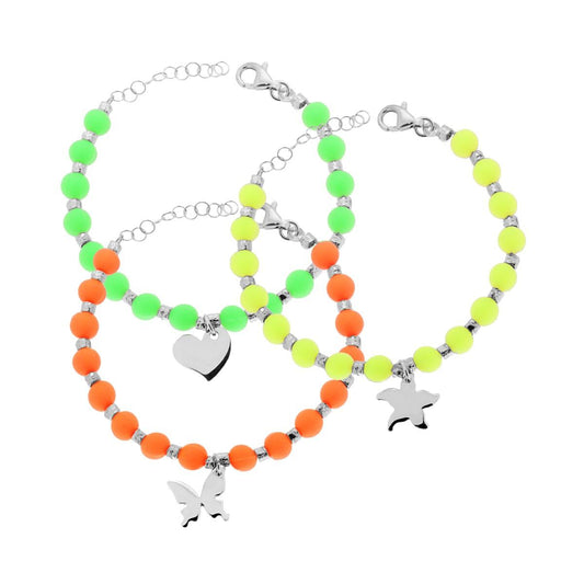 Bracciale con palline in Pvc Fluo alternate a Cubetti Martellati con Stella Marina Cuore o Farfalla in ARGENTO 925 Galvanica Rodio