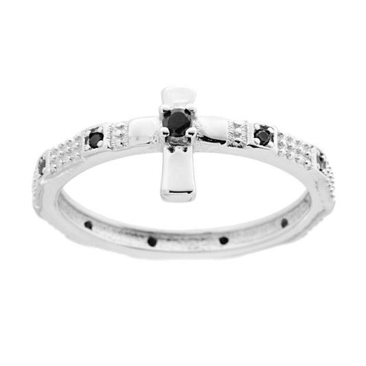 Anello Rosario con Croce e Zirconi Neri in ARGENTO 925 Galvanica Rodio