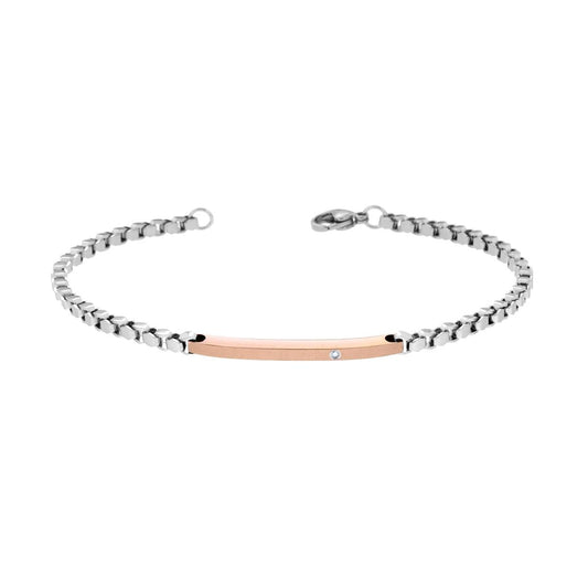 Bracciale Uomo Catena Veneziana Esagonale con Targa Rosa e Crystal Bianco in ACCIAIO