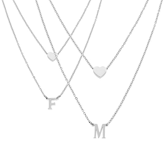 Collana doppia Catena Forzatina Diamantata con Lettera Iniziale pendente e Cuore passante in ACCIAIO