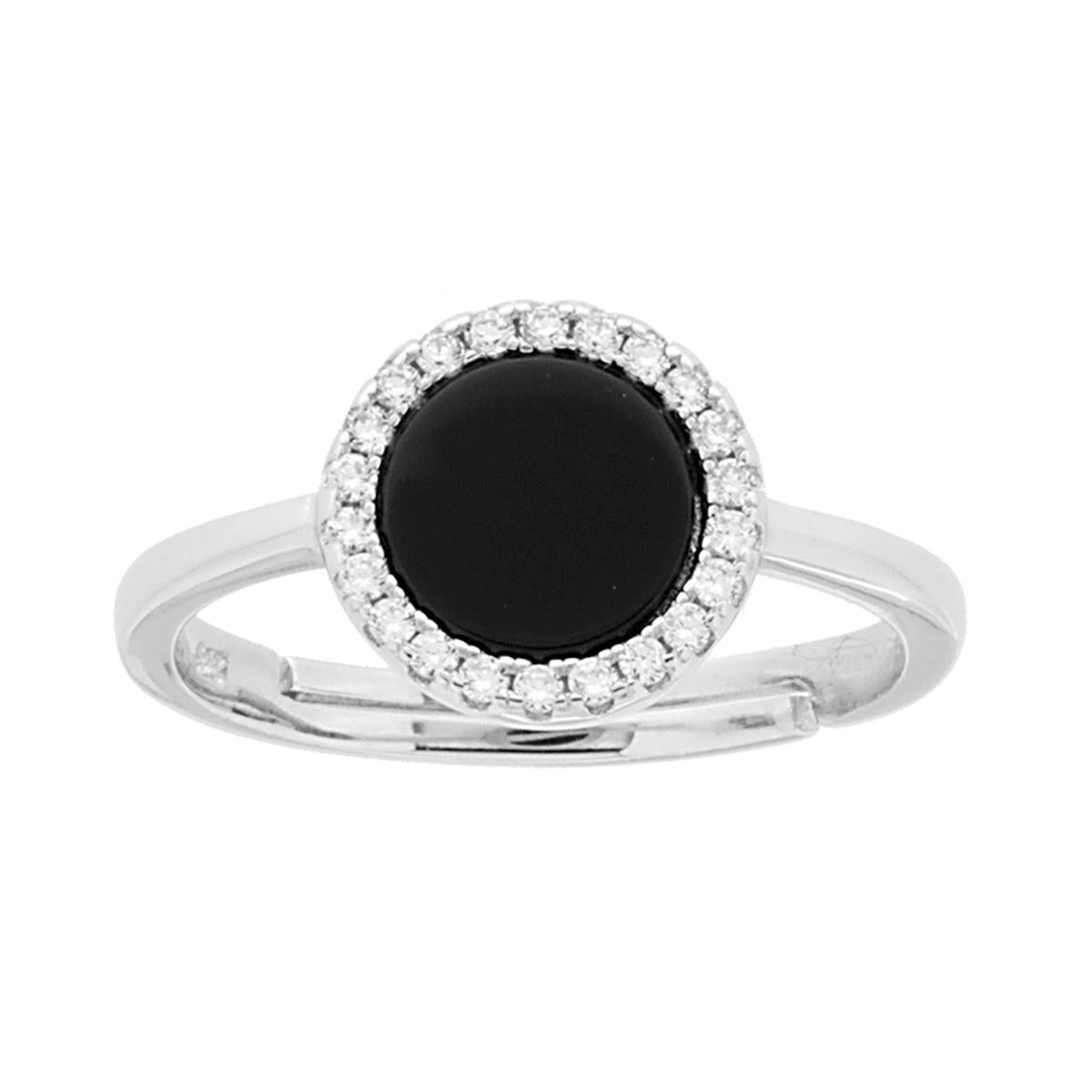 Anello Tondo Onice Nero contornato da Zirconi Bianchi in ARGENTO 925 Galvanica Rodio