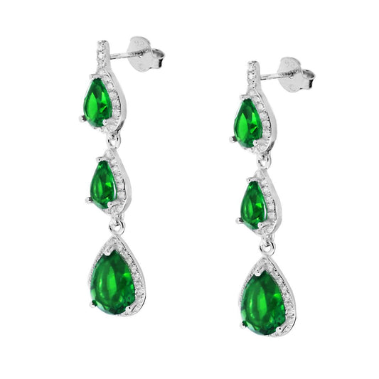 Orecchini Pendenti a Goccia con Zirconi Verde Smeraldo contornati con Zirconi Bianchi in ARGENTO 925 Galvanica Rodio