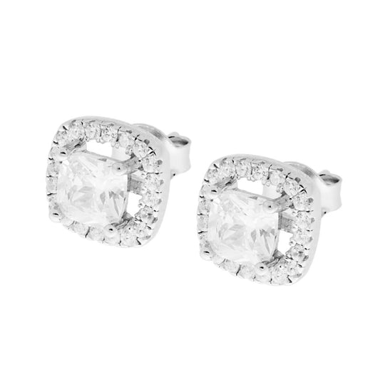 Orecchini Quadrati Zircone Bianco contornato da Zirconi Bianchi in ARGENTO 925 Galvanica Rodio