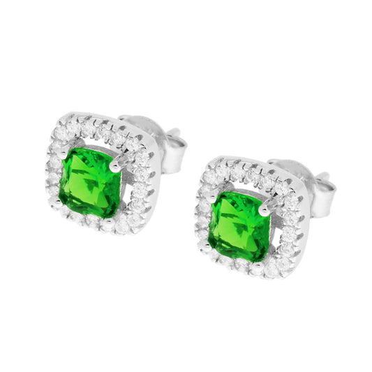 Orecchini Quadrati Zircone Verde Smeraldo contornato da Zirconi Bianchi in ARGENTO 925 Galvanica Rodio