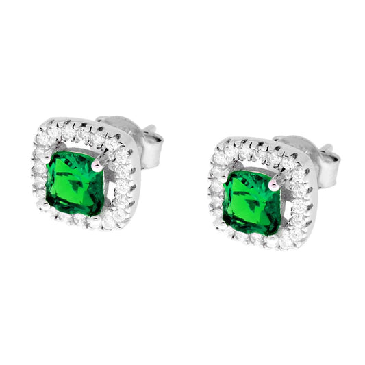 Orecchini Quadrati Zircone Verde Smeraldo contornato da Zirconi Bianchi in ARGENTO 925 Galvanica Rodio