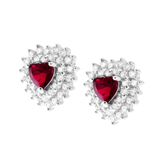 Orecchini Cuore Zircone Rosso Rubino contornato con Zirconi Bianchi in ARGENTO 925 Galvanica Rodio