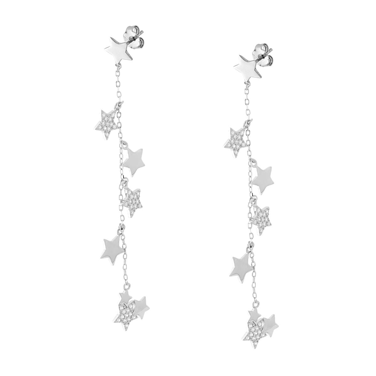 Orecchini catena forzatina Diamantata con Stelle plain e Stelle con Zirconi Bianchi pendenti in ARGENTO 925 Galvanica Rodio