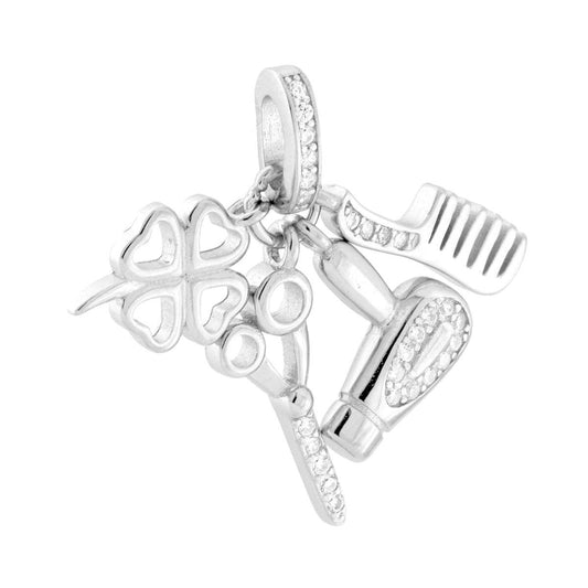 Ciondolo Portafortuna Parrucchieri Forbici Spazzola Asciugacapelli Quadrifoglio con Cubic Zirconia Bianchi in ARGENTO 925 Galvanica Rodio